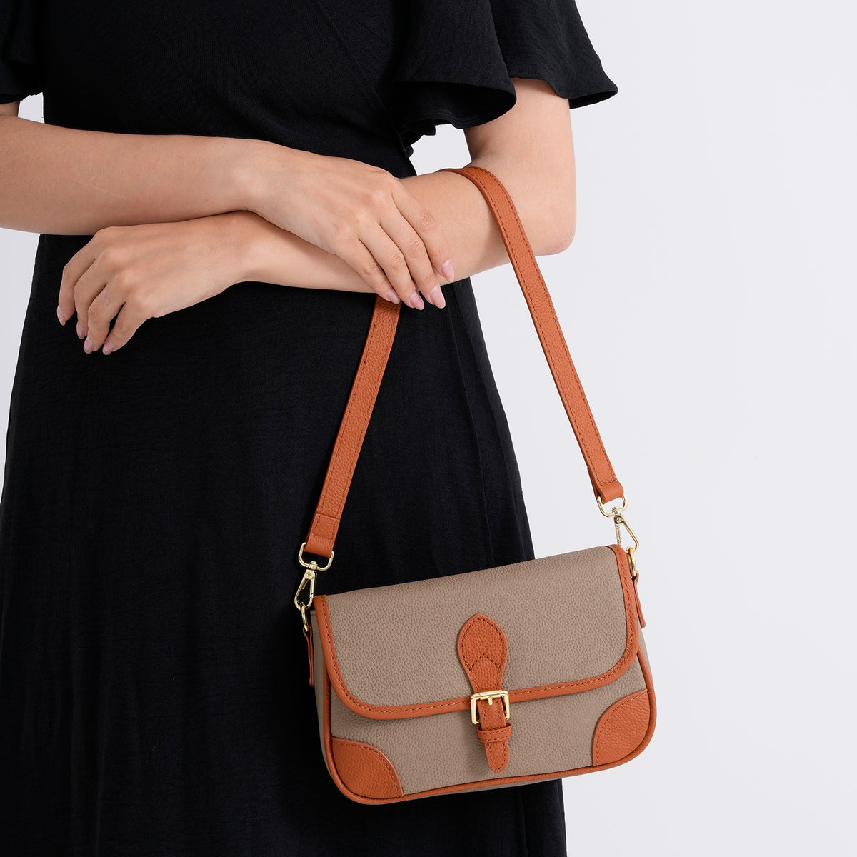 Genuine Leather Structured Sling Bag with Buckle Closure - Grey V32521464 4