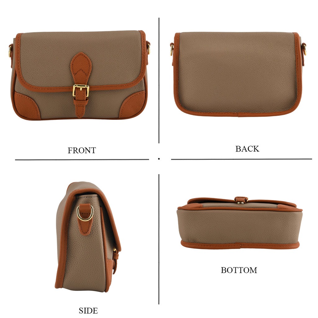 Genuine Leather Structured Sling Bag with Buckle Closure - Grey_8563790_4