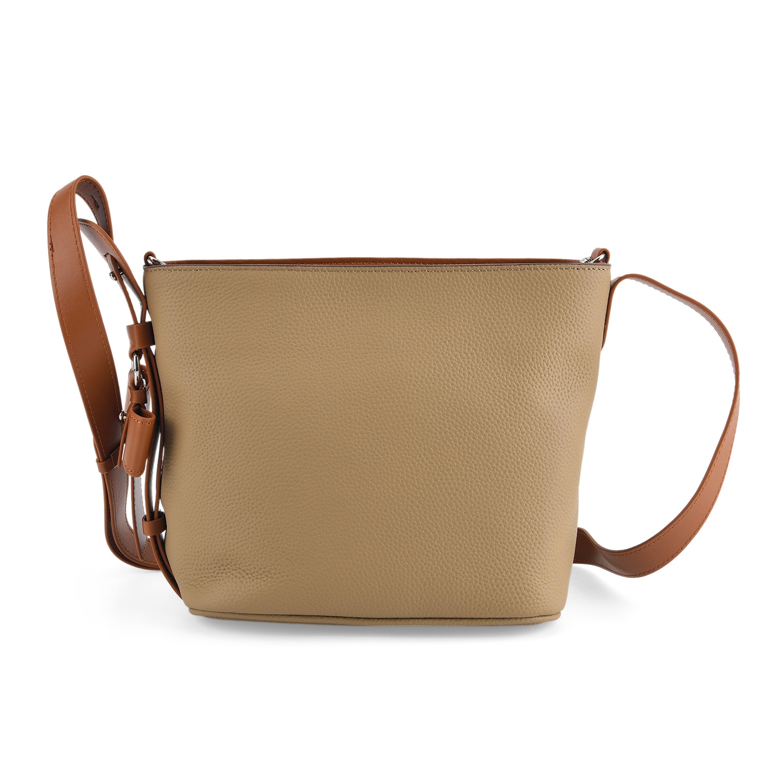 Genuine Leather-Textured Bucket Bag With Detachable Sling Strap - Khaki 8563797 0