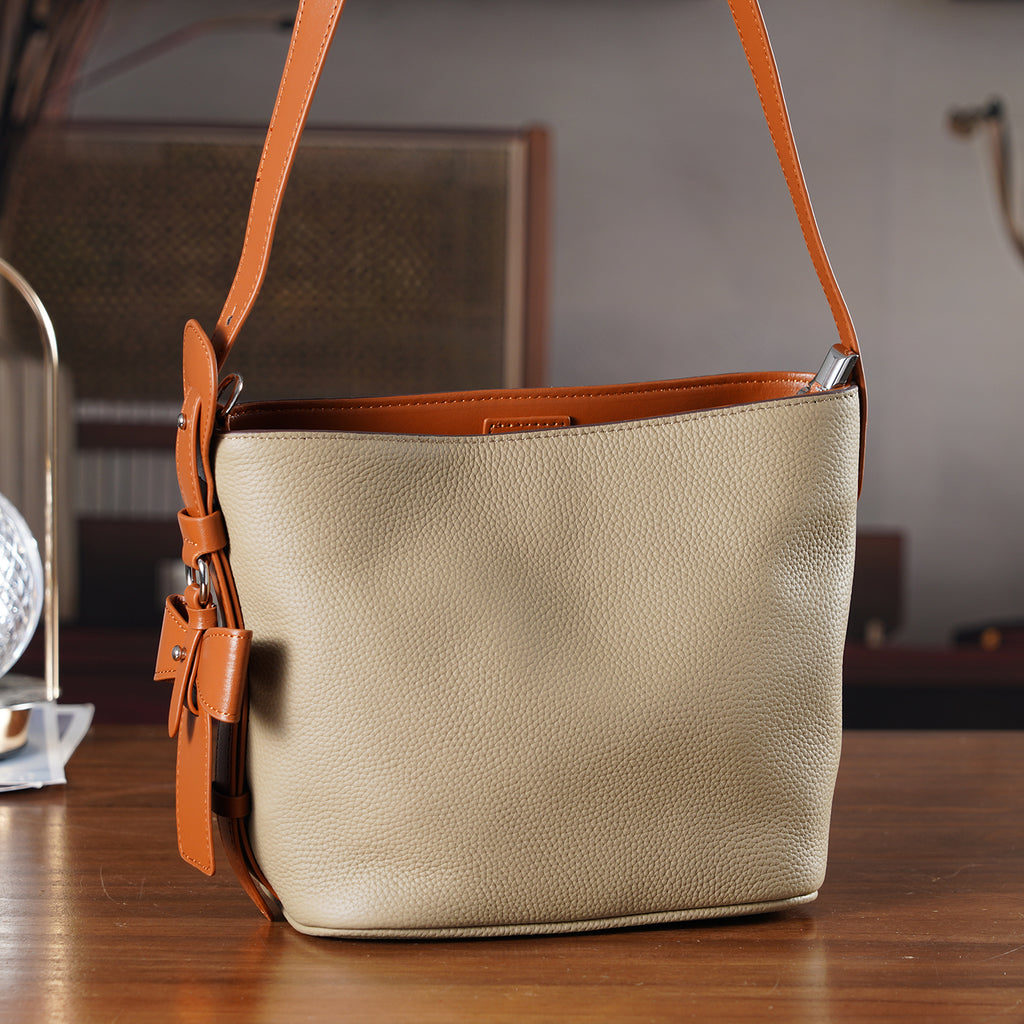 Genuine Leather-Textured Bucket Bag With Detachable Sling Strap - Khaki_8563797_1