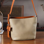 Genuine Leather-Textured Bucket Bag With Detachable Sling Strap - Khaki_8563797_1