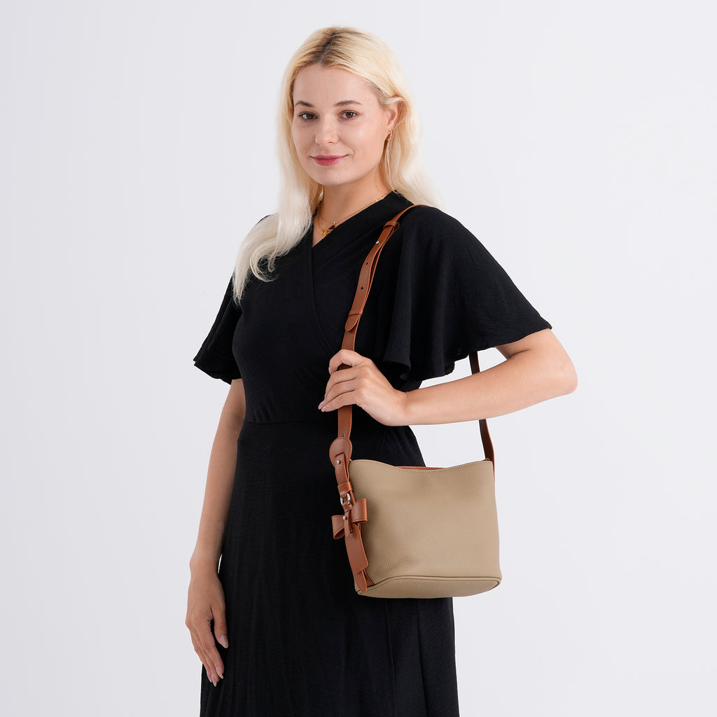 Genuine Leather-Textured Bucket Bag With Detachable Sling Strap - Khaki_8563797_2