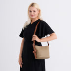Genuine Leather-Textured Bucket Bag With Detachable Sling Strap - Khaki_8563797_2