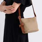 Genuine Leather-Textured Bucket Bag With Detachable Sling Strap - Khaki_8563797_3