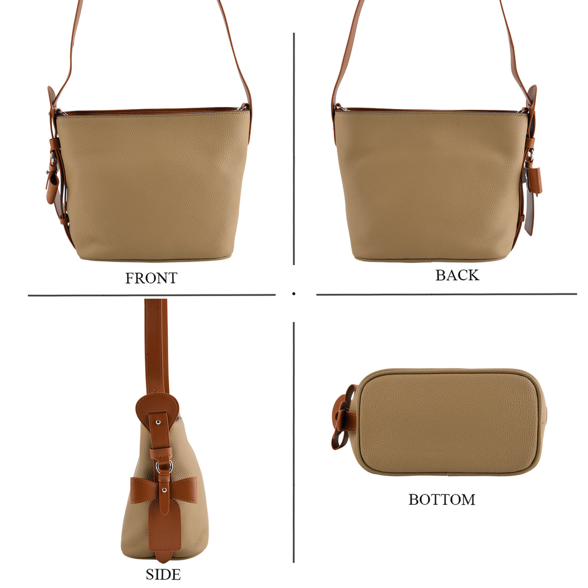 Genuine Leather-Textured Bucket Bag With Detachable Sling Strap - Khaki 8563797 4