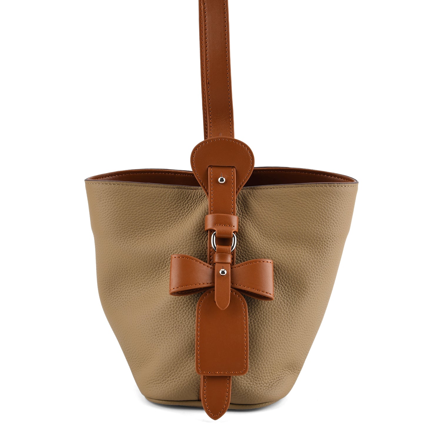Genuine Leather-Textured Bucket Bag With Detachable Sling Strap - Khaki 8563797 5