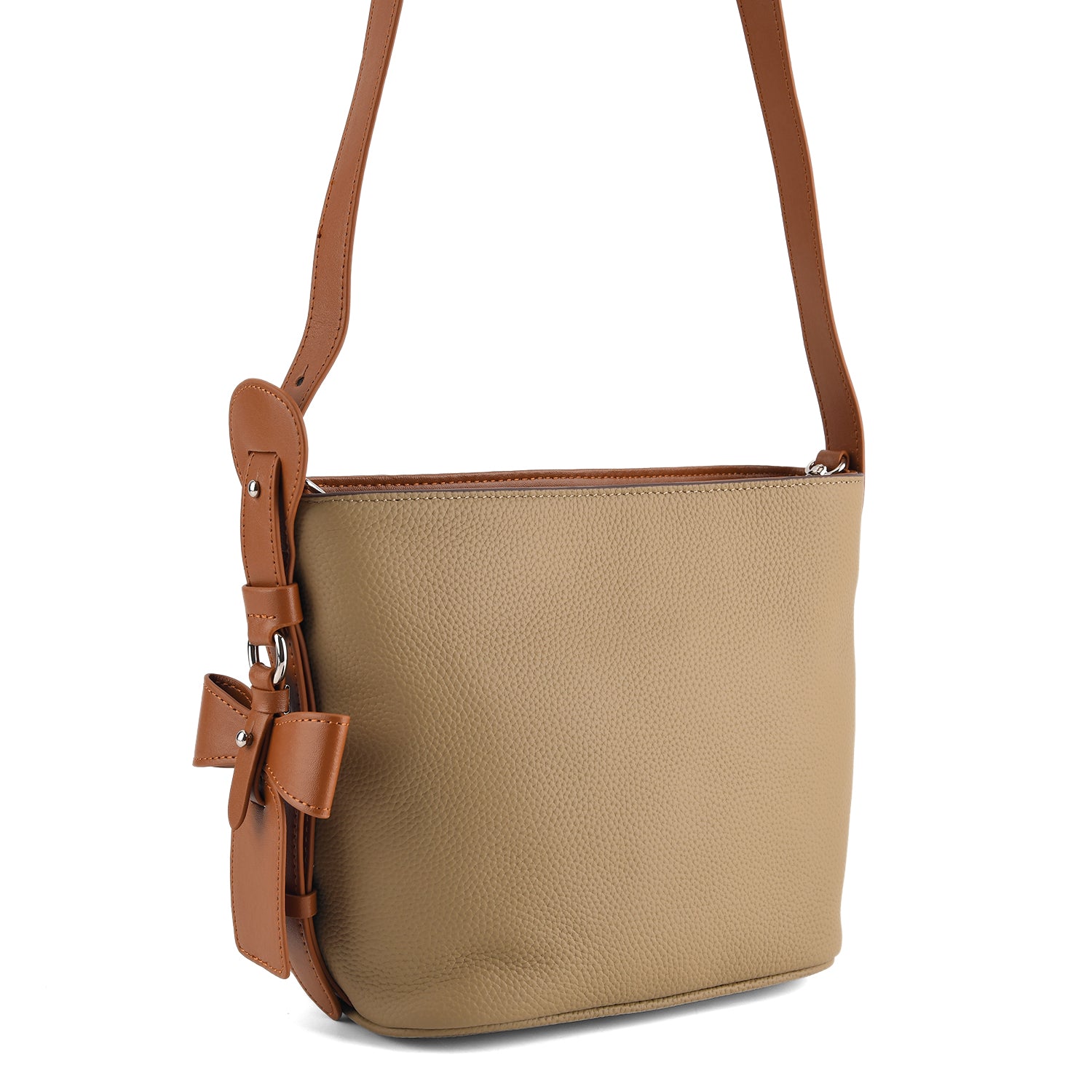 Genuine Leather-Textured Bucket Bag With Detachable Sling Strap - Khaki 8563797 8