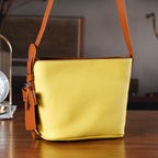 Genuine Leather-Textured Bucket Bag With Detachable Sling Strap - Yellow_8563798_1