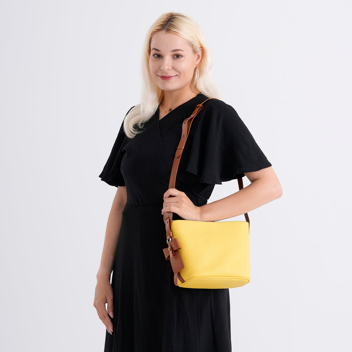 Genuine Leather-Textured Bucket Bag With Detachable Sling Strap - Yellow V32528979 3