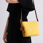 Genuine Leather-Textured Bucket Bag With Detachable Sling Strap - Yellow_8563798_3