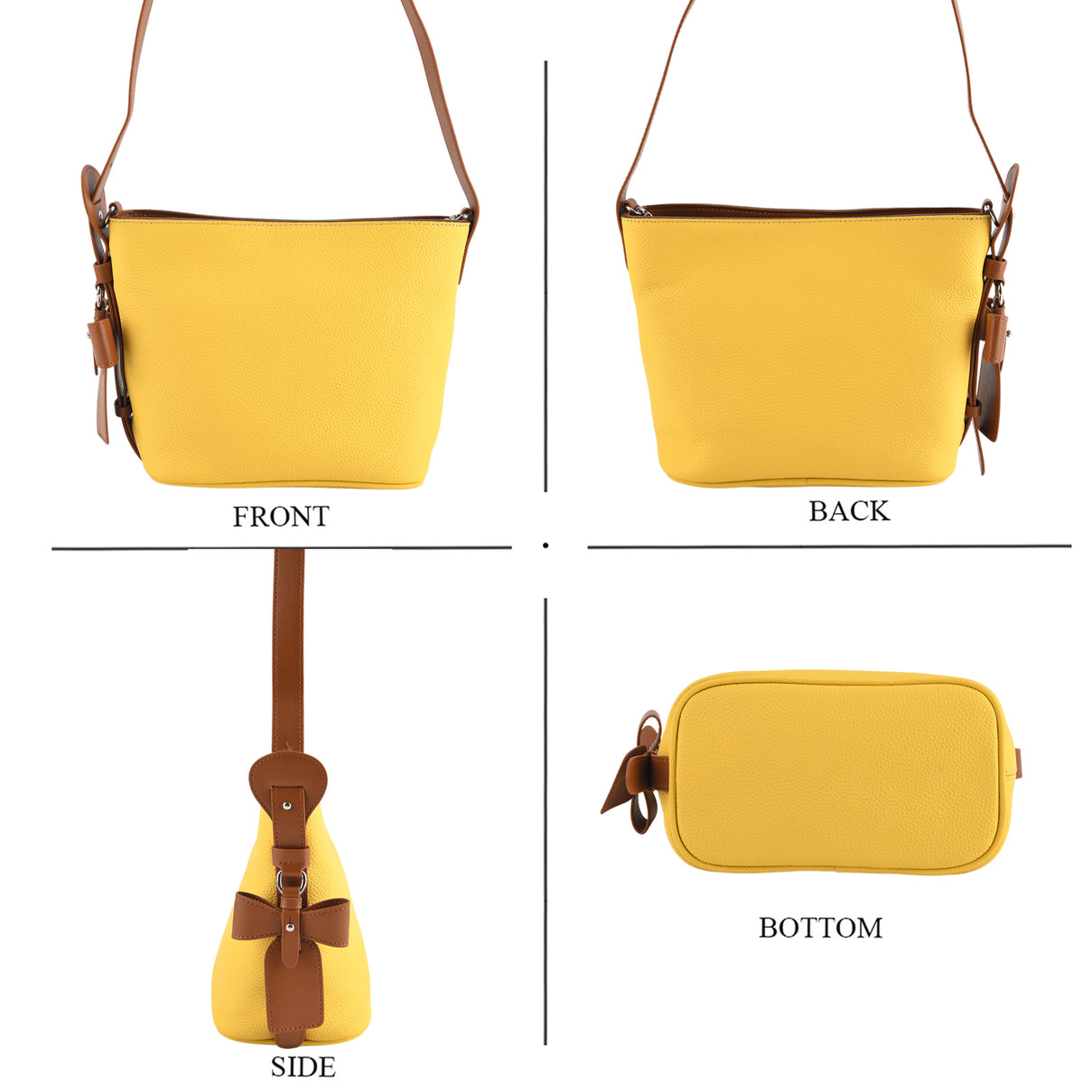 Genuine Leather-Textured Bucket Bag With Detachable Sling Strap - Yellow V32528979 5