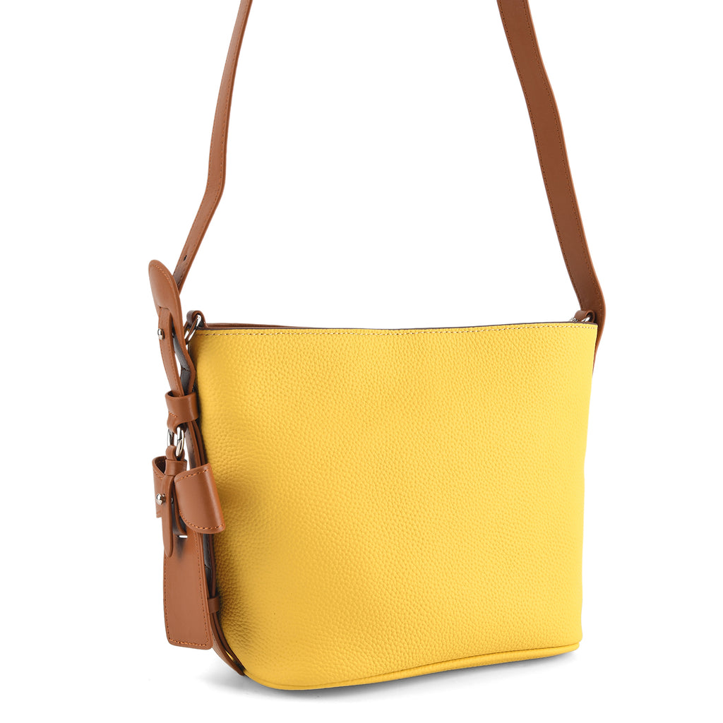 Genuine Leather-Textured Bucket Bag With Detachable Sling Strap - Yellow_8563798_8