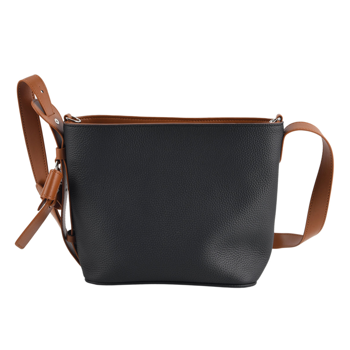 Genuine Leather-Textured Bucket Bag With Detachable Sling Strap - Black V32528733 0