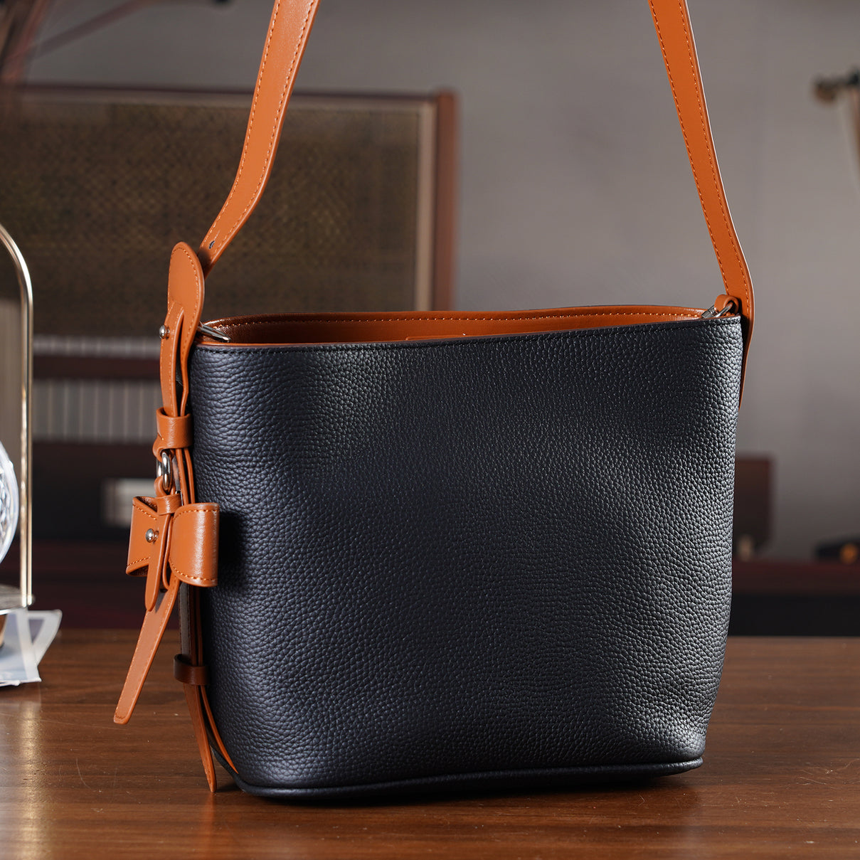 Genuine Leather-Textured Bucket Bag With Detachable Sling Strap - Black V32528733 2
