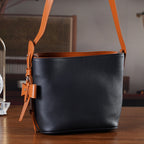 Genuine Leather-Textured Bucket Bag With Detachable Sling Strap - Black_8563829_1