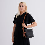 Genuine Leather-Textured Bucket Bag With Detachable Sling Strap - Black_8563829_2