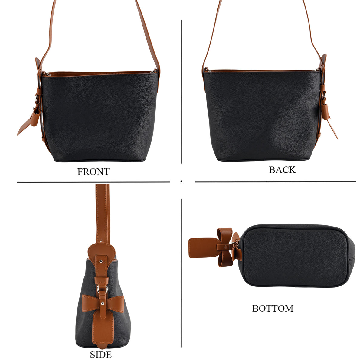 Genuine Leather-Textured Bucket Bag With Detachable Sling Strap - Black V32528733 5