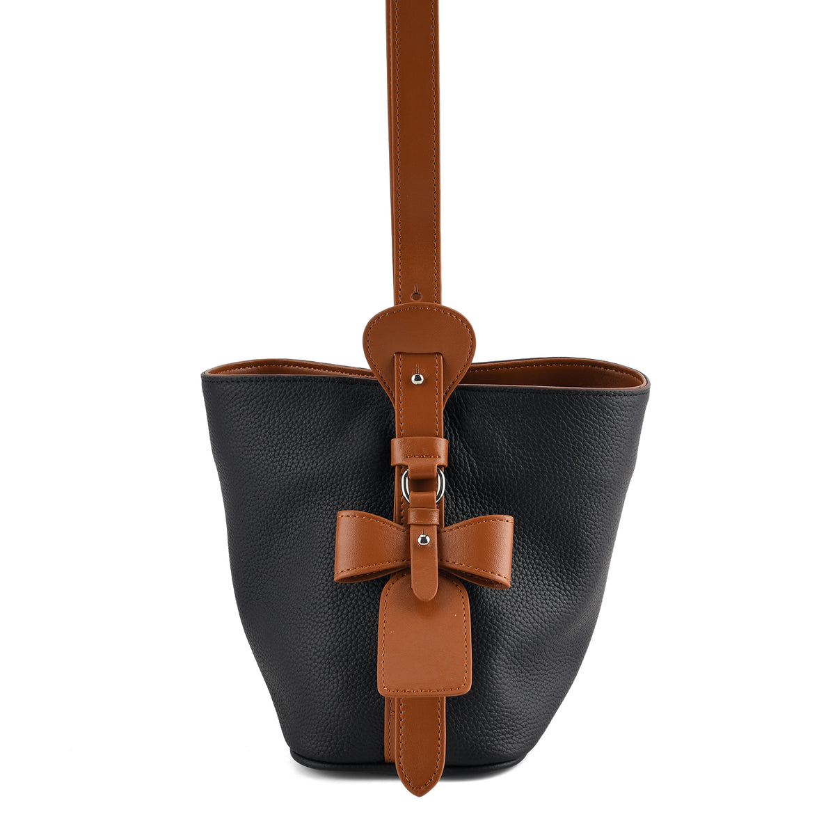 Genuine Leather-Textured Bucket Bag With Detachable Sling Strap - Black V32528733 6