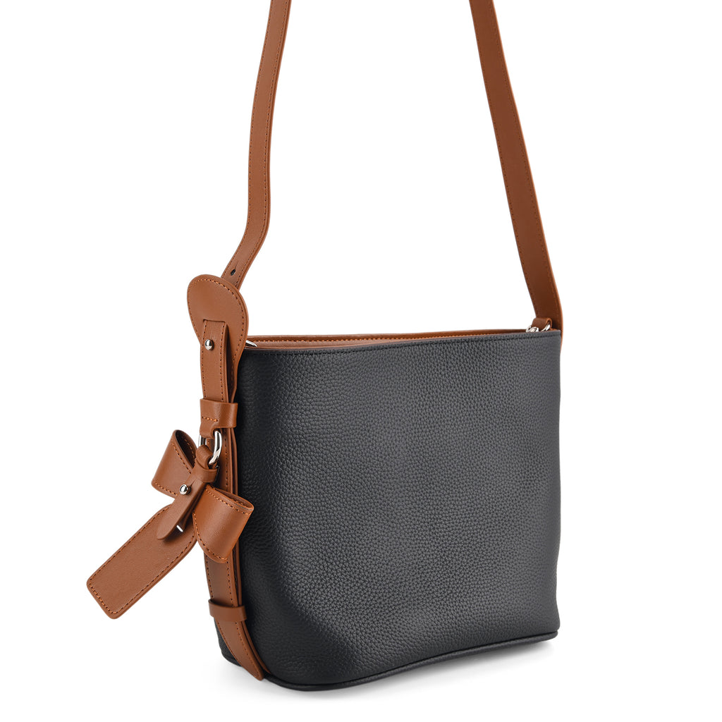 Genuine Leather-Textured Bucket Bag With Detachable Sling Strap - Black_8563829_8