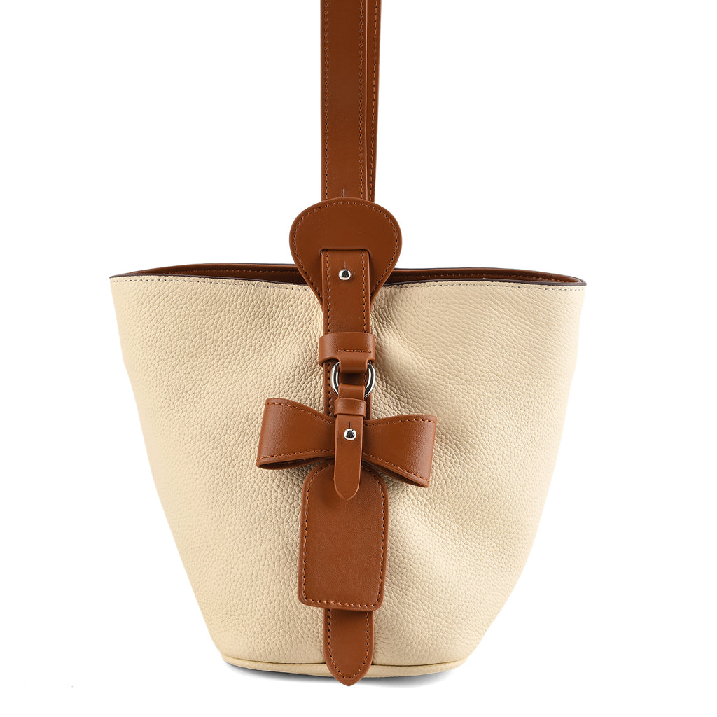 Genuine Leather-Textured Bucket Bag With Detachable Sling Strap - Off White_8563830_5
