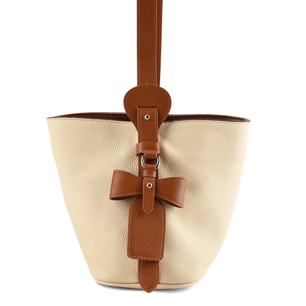 Genuine Leather-Textured Bucket Bag With Detachable Sling Strap - Off White V32529525 6