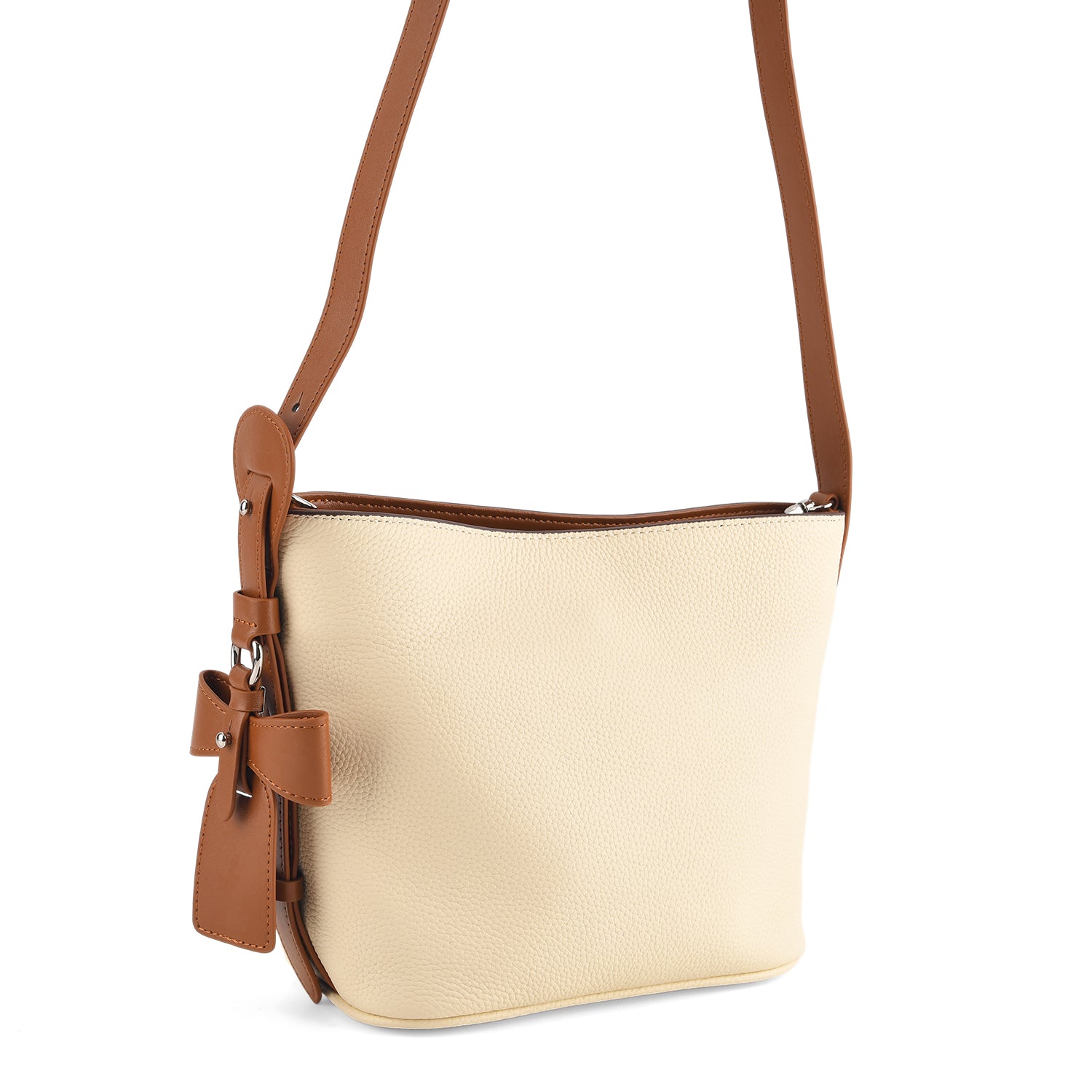Genuine Leather-Textured Bucket Bag With Detachable Sling Strap - Off White V32529525 9