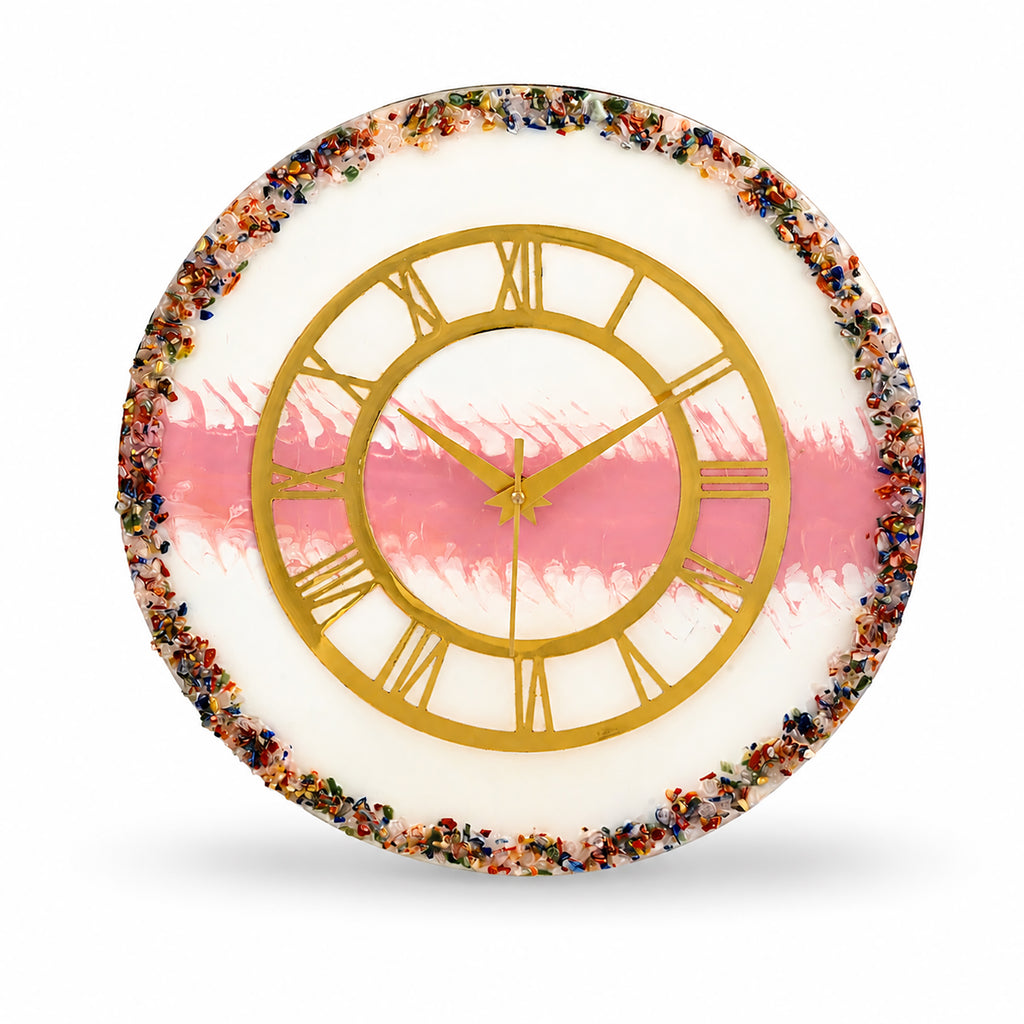 Livmore Handcrafted Resin Geode Wall Clock with Multi-colour Gemstone Accents (35.5 x 35.5 cm) - Red, White & Gold_8563881