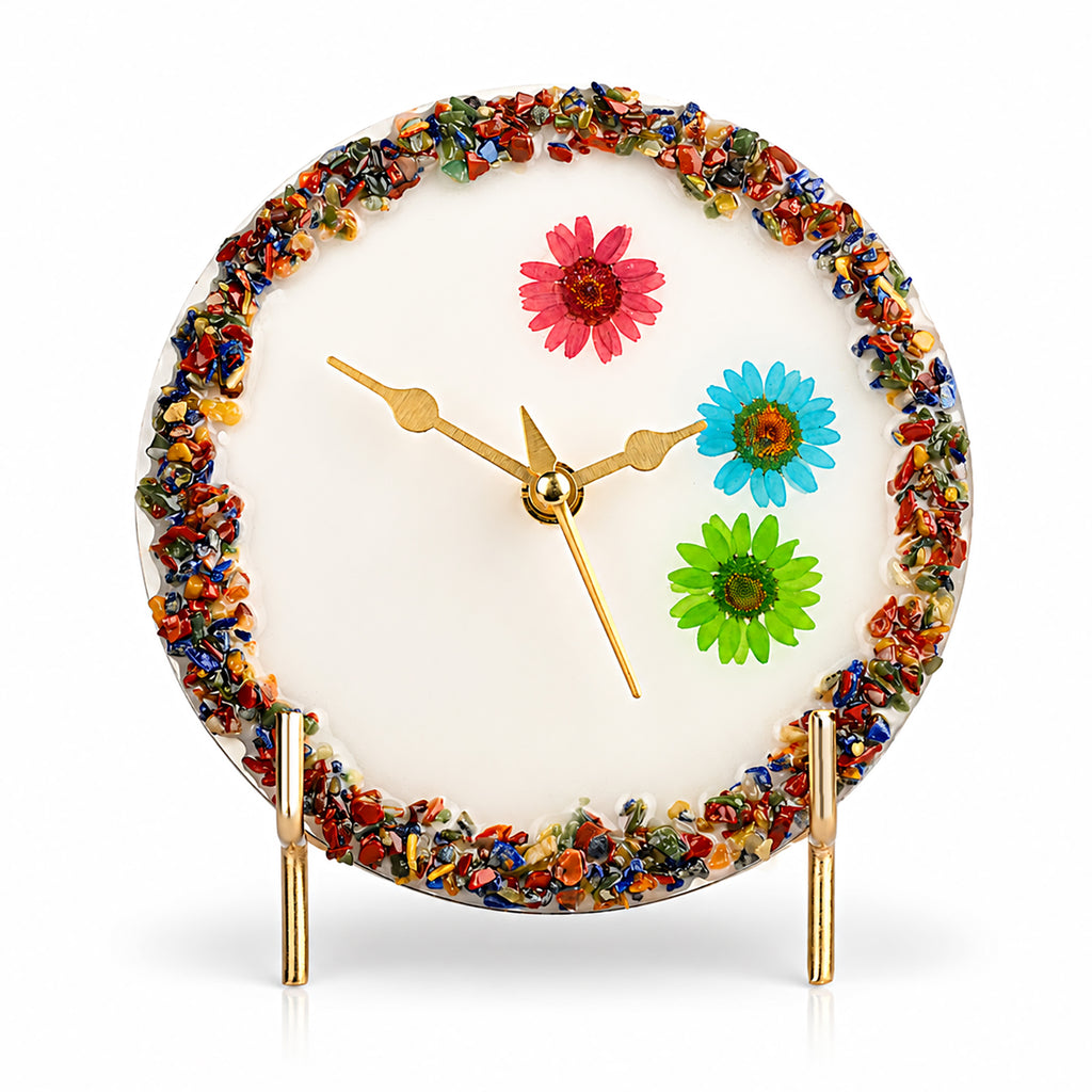 Livmore Handcrafted Floral Resin Table Clock with Gemstone Border (15.5 x 15.5 cm) - White & Multicolour_8564004