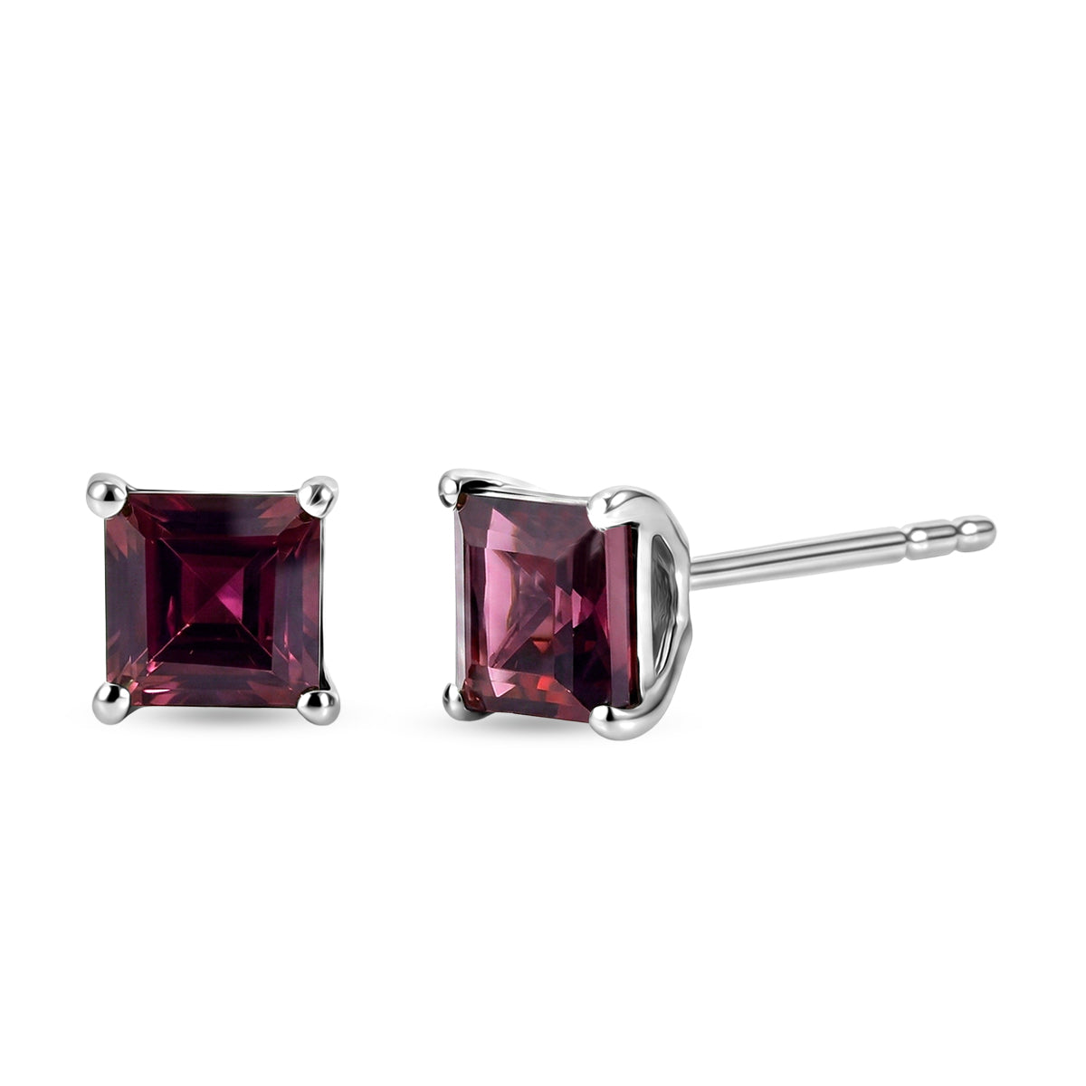 D'Joy - Natural Radiant Ember Garnet Solitaire Stud Push Post Earring in Rhodium Overlay Sterling Silver 1.80 Ct. V32514770 0