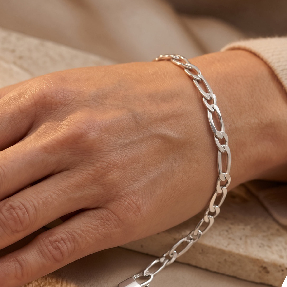 Sterling Silver Flat Figaro Bracelet (Size - 7.5) with Lobster Clasp V32516629 2
