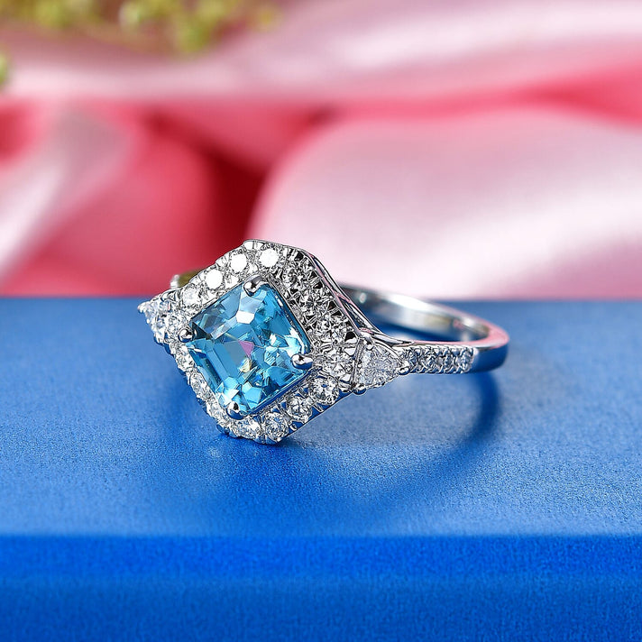 Luxuriant 10K White Gold AAA Blue Zircon, Lab Grown Diamond GH, SI Main Stone With Surrounding Stone Ring, Gold Wt.3.15 Gms  4.010  Ct. 8564310 2