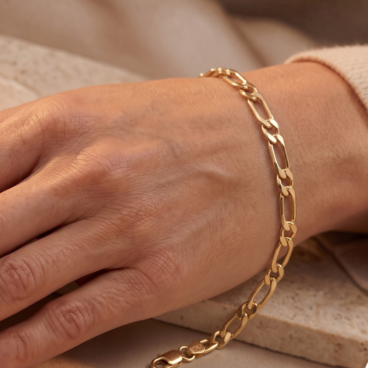 Yellow Gold Plated Sterling Silver Flat Figaro Bracelet (Size - 7.5) with Lobster Clasp V32516459 2