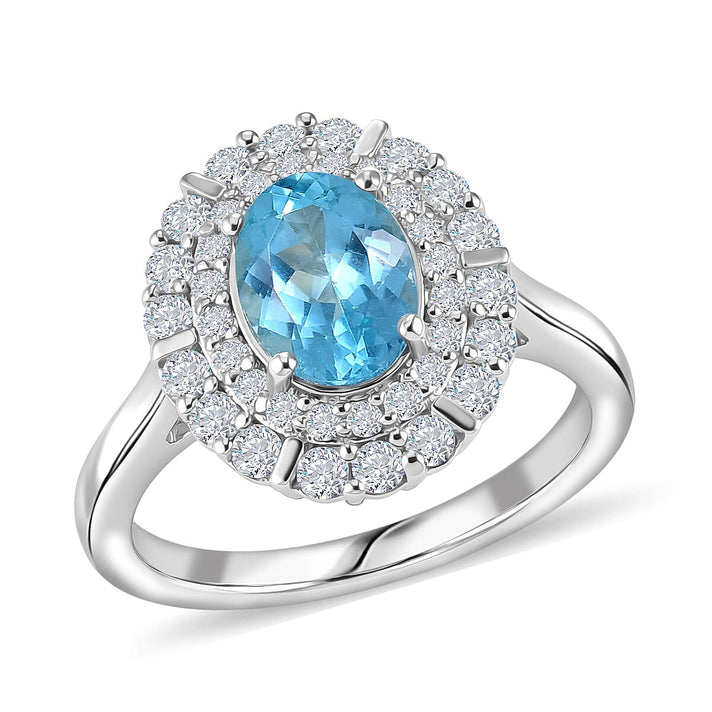 D'Joy Paraiba Apatite, Moissanite Main Stone With Surrounding Stone Ring in Rhodium OverlaySterling Silver 2.170 Ct. 8564329 1