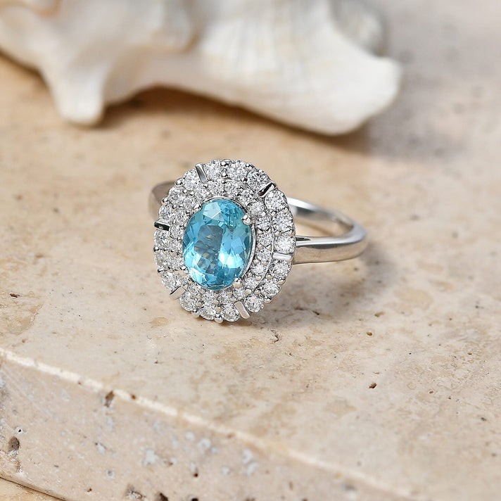 D'Joy Paraiba Apatite, Moissanite Main Stone With Surrounding Stone Ring in Rhodium OverlaySterling Silver 2.170 Ct. 8564329 2