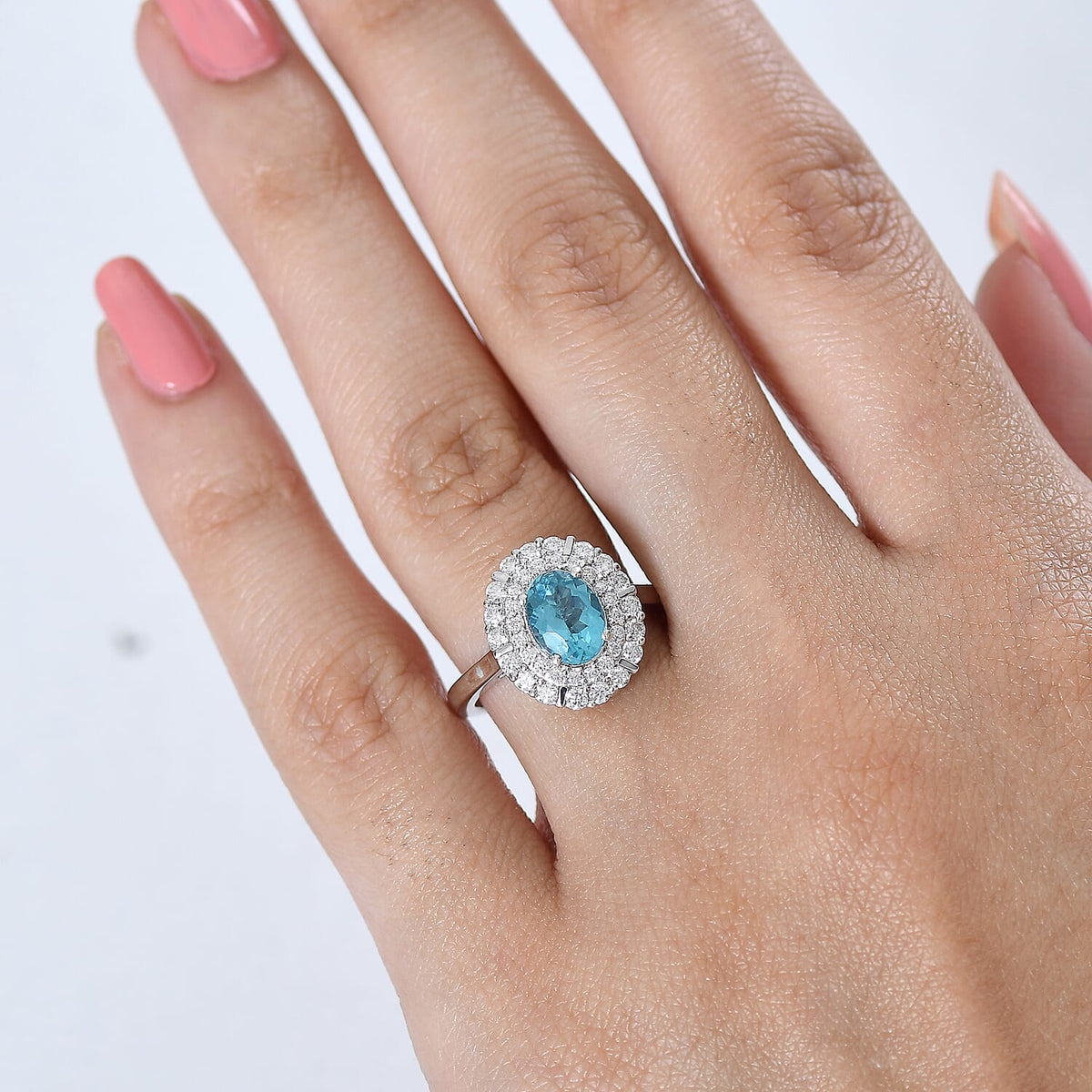 D'Joy Paraiba Apatite, Moissanite Main Stone With Surrounding Stone Ring in Rhodium OverlaySterling Silver 2.170 Ct. 8564329 2