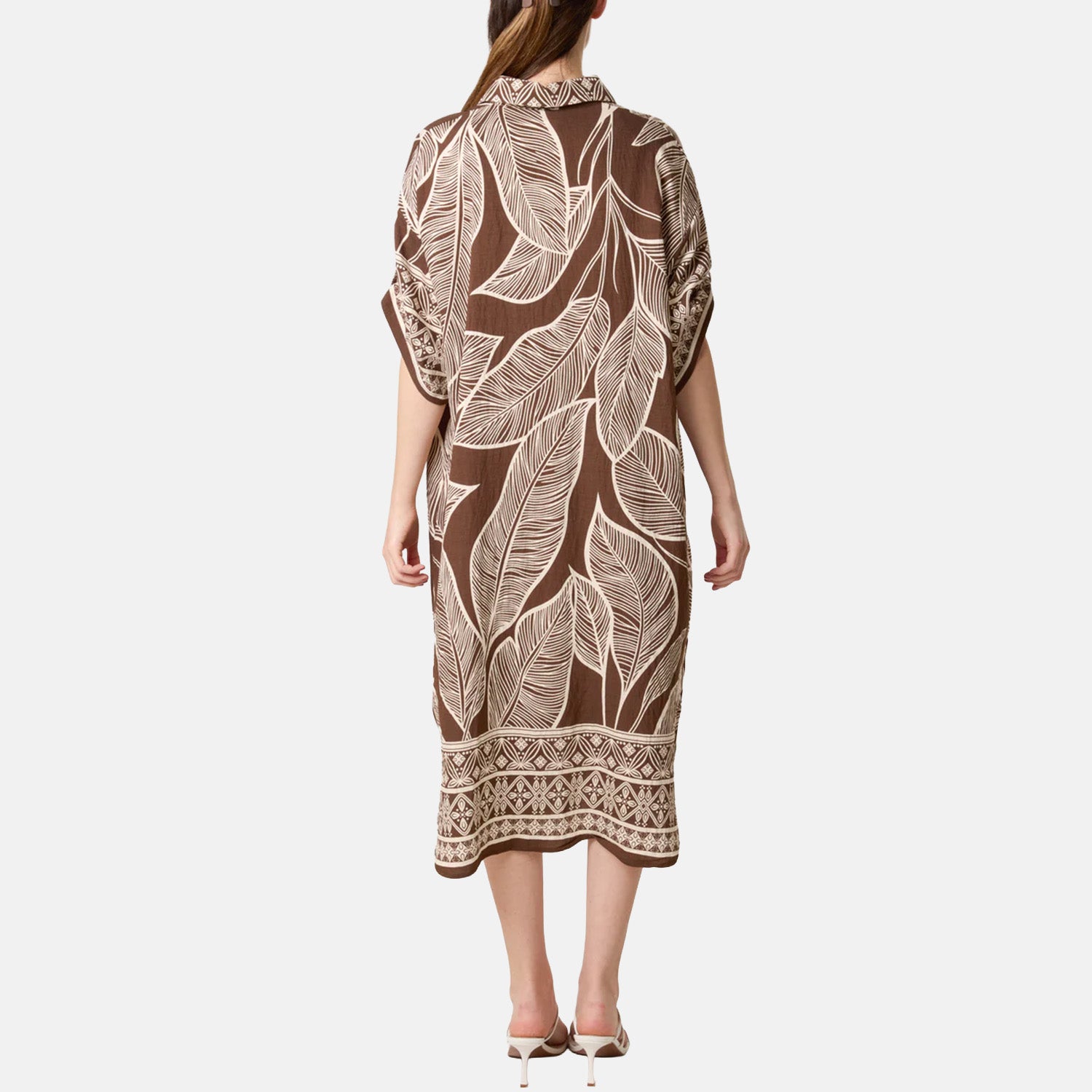 Chilli Charm Leaf Print Short Sleeve Shirt Dress (One Size) - Brown 8564390 1