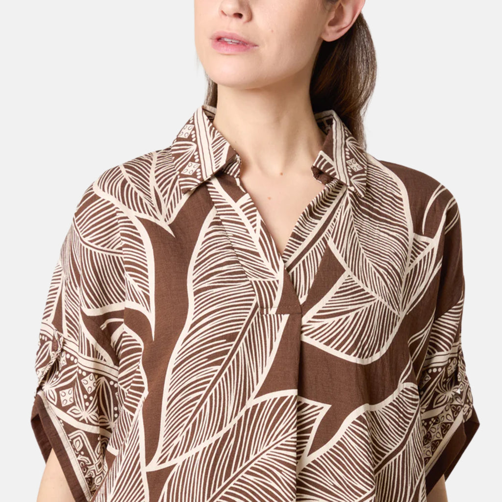 Chilli Charm Leaf Print Short Sleeve Shirt Dress (One Size) - Brown_8564390_2