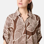 Chilli Charm Leaf Print Short Sleeve Shirt Dress (One Size) - Brown_8564390_2
