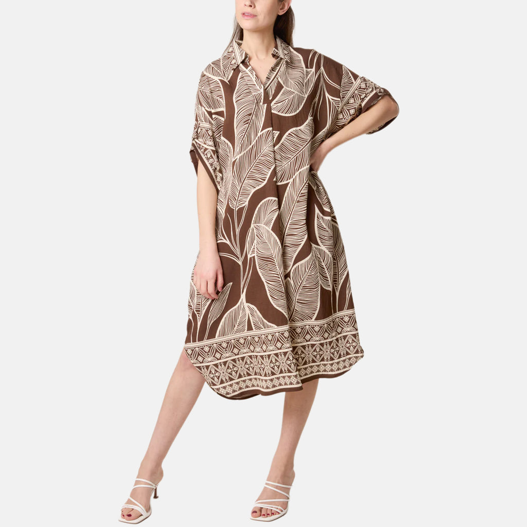 Chilli Charm Leaf Print Short Sleeve Shirt Dress (One Size) - Brown_8564390