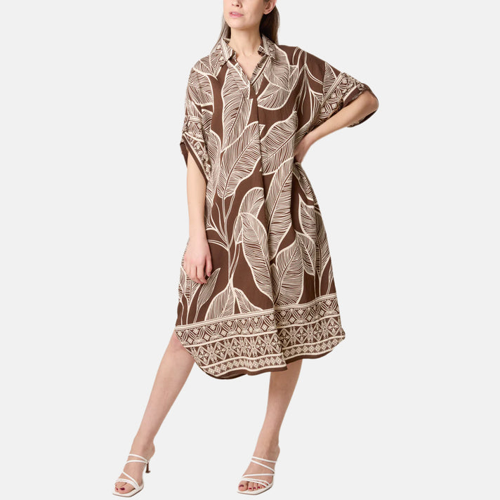 Chilli Charm Leaf Print Short Sleeve Shirt Dress (One Size) - Brown 8564390 1