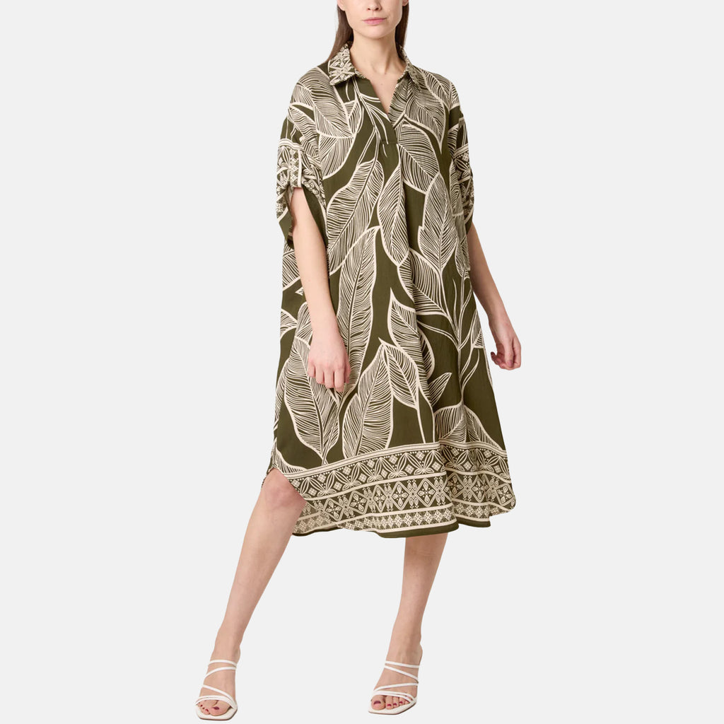 Chilli Charm Leaf Print Short Sleeve Shirt Dress (One Size) - Green_8564391