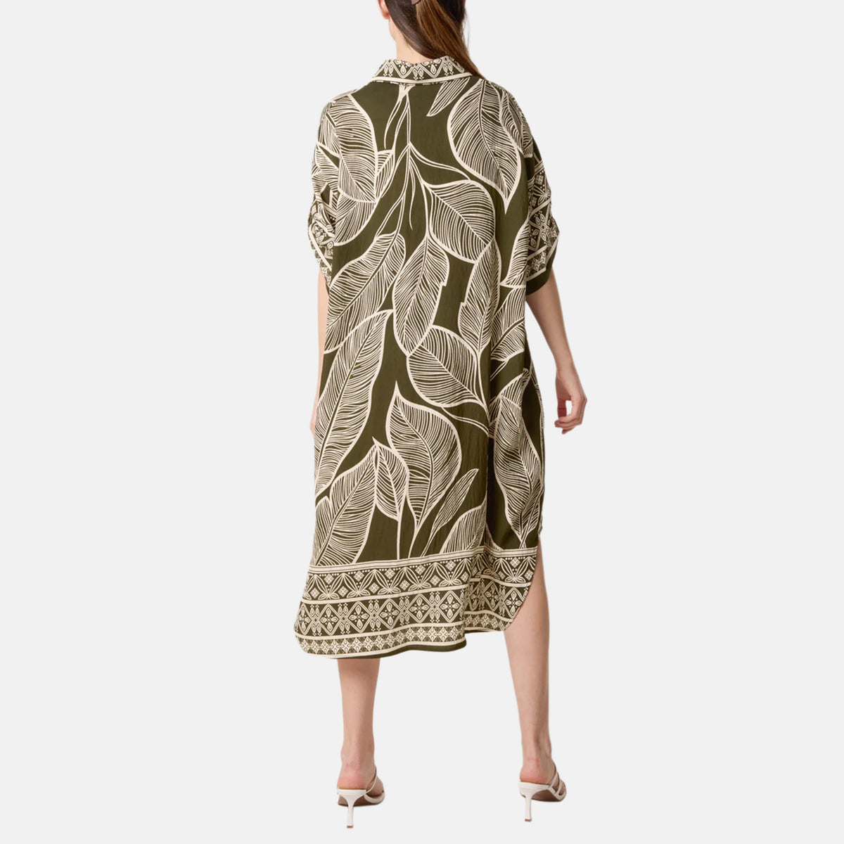 Chilli Charm Leaf Print Short Sleeve Shirt Dress (One Size) - Green V32699720 1