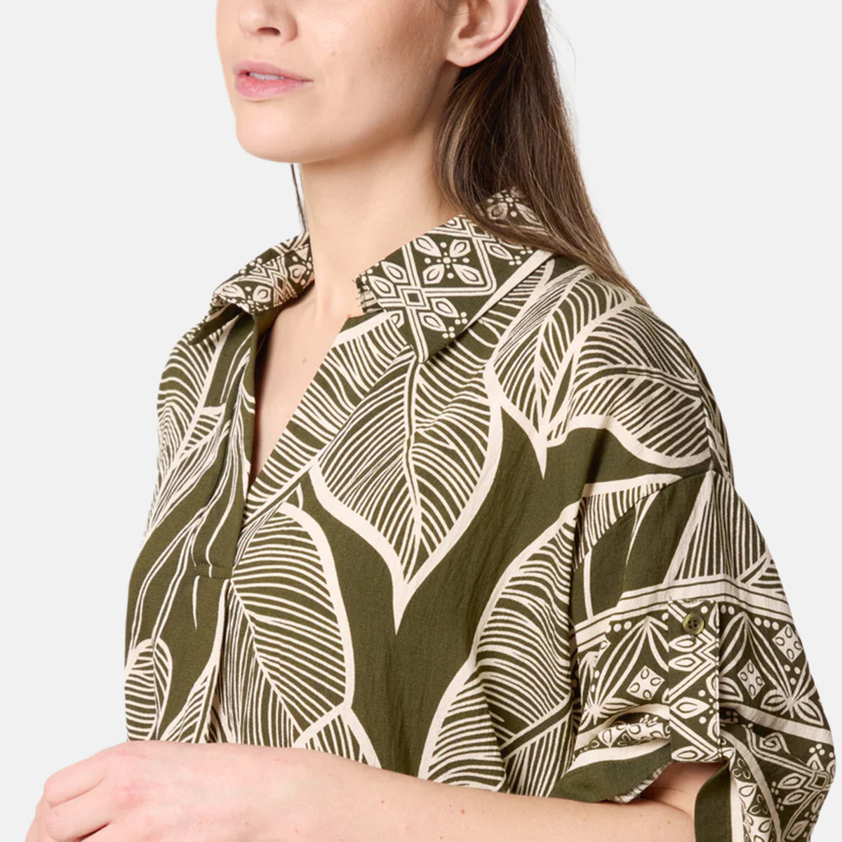 Chilli Charm Leaf Print Short Sleeve Shirt Dress (One Size) - Green V32699720 2