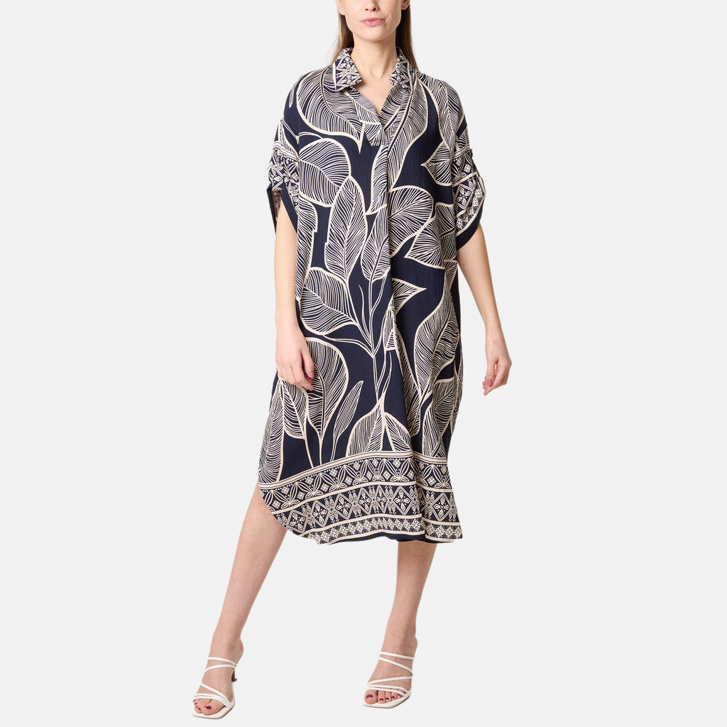 Chilli Charm Leaf Print Short Sleeve Shirt Dress (One Size) - Navy_8564392