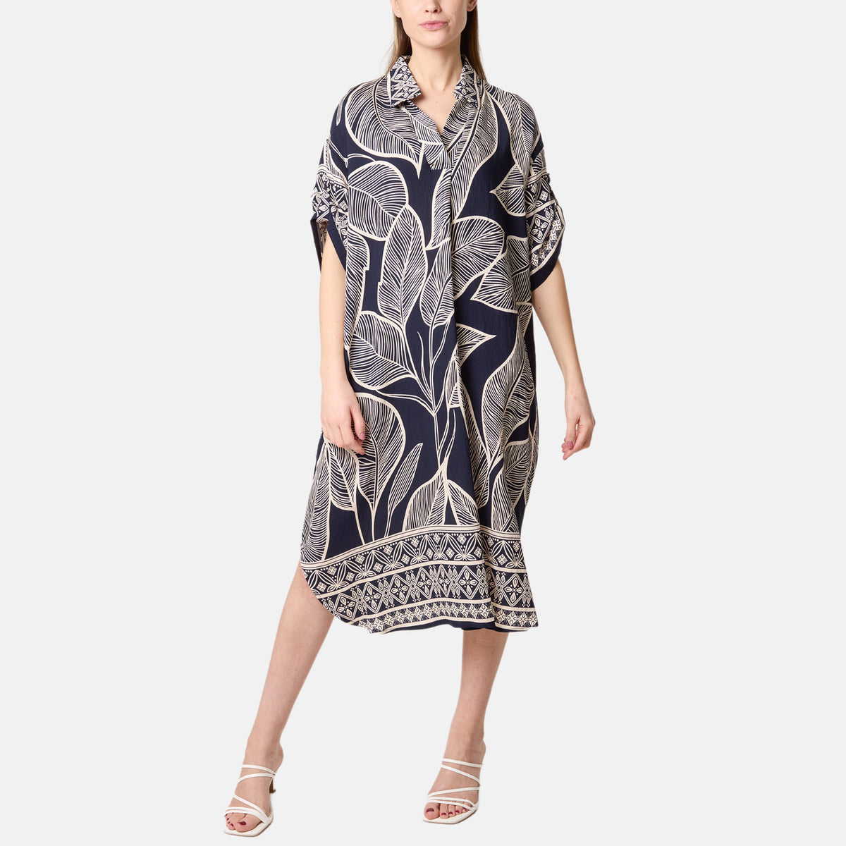Chilli Charm Leaf Print Short Sleeve Shirt Dress (One Size) - Navy V32512601 0