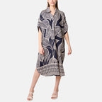 Chilli Charm Leaf Print Short Sleeve Shirt Dress (One Size) - Navy_8564392