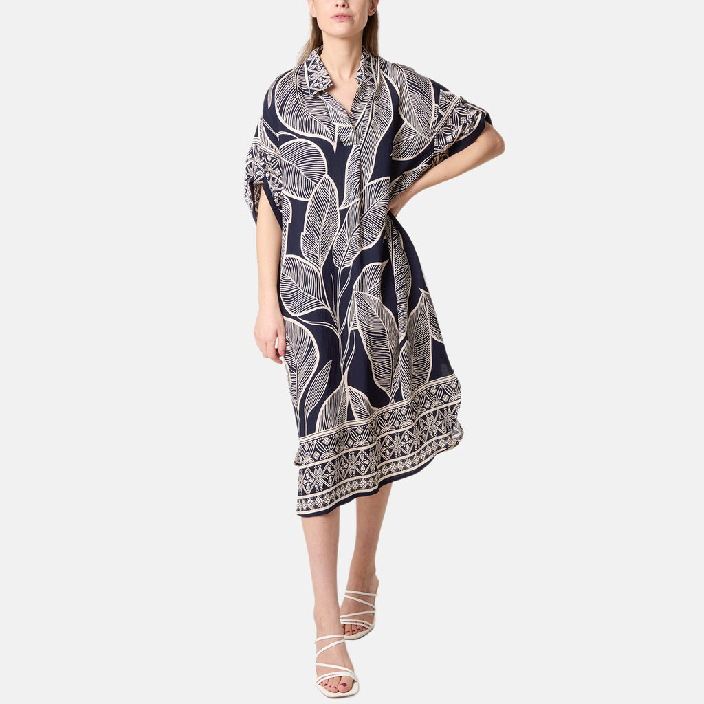 Chilli Charm Leaf Print Short Sleeve Shirt Dress (One Size) - Navy_8564392_1