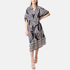 Chilli Charm Leaf Print Short Sleeve Shirt Dress (One Size) - Navy_8564392_1