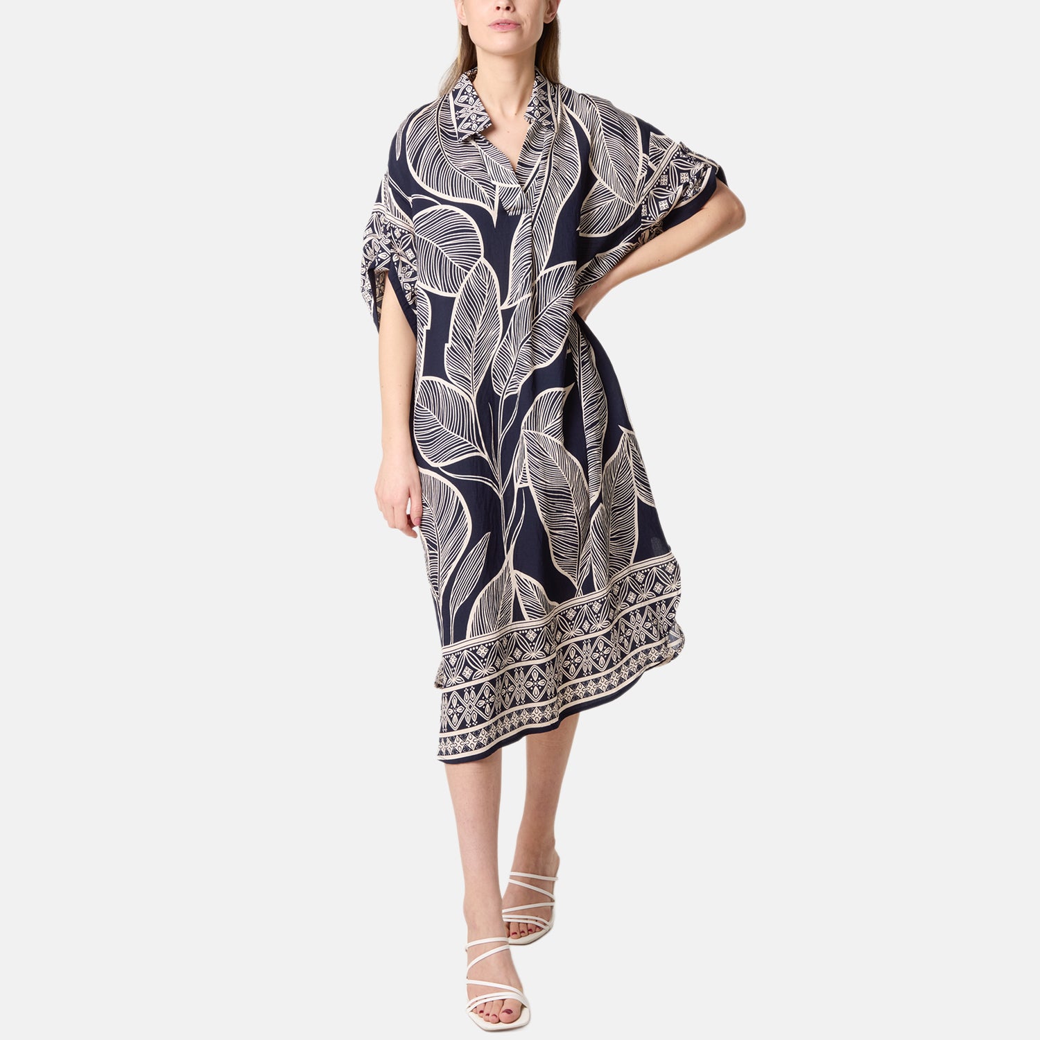 Chilli Charm Leaf Print Short Sleeve Shirt Dress (One Size) - Navy V32512601 1