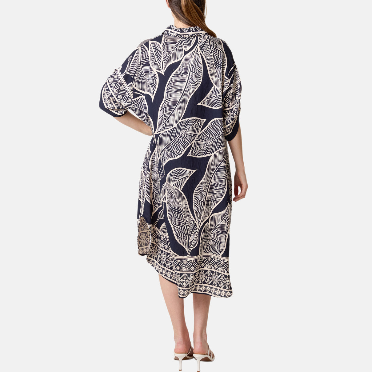 Chilli Charm Leaf Print Short Sleeve Shirt Dress (One Size) - Navy V32512601 2